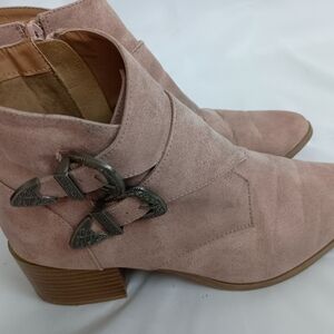 QUPID Western Pink Barbiecore Butterly Soft Pastel Suede Ankle Boots-(#118)‎